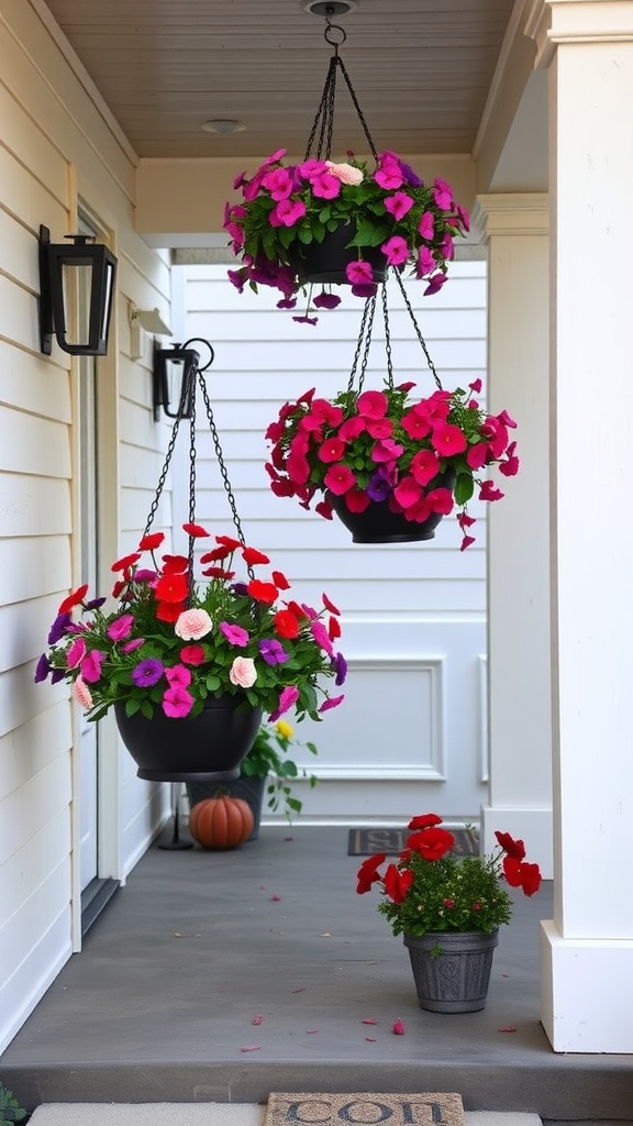 Colorful hanging flower baskets on a porch