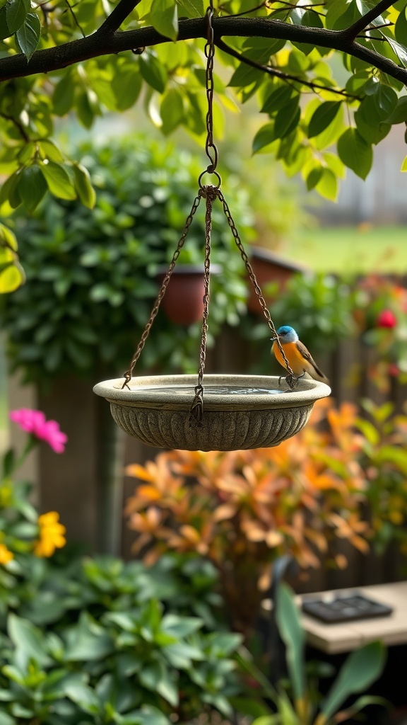 A colorful bird perched on a hanging bird bath surrounded by lush greenery and flowers.