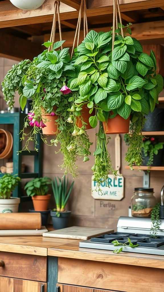 A vibrant hanging herb garden with various green plants in terracotta pots, adding a lively touch to an outdoor kitchen.