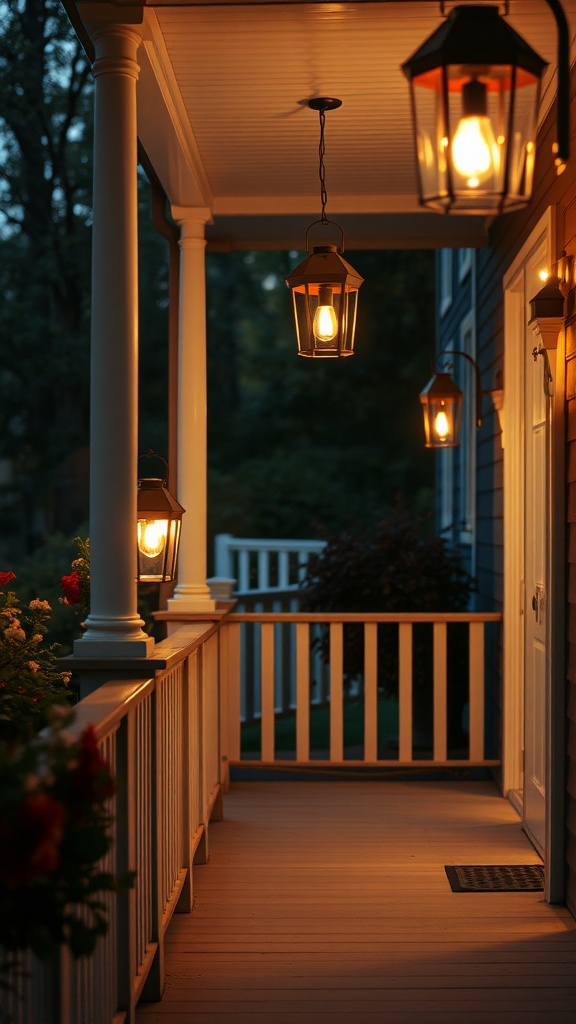 A small porch decorated with hanging lanterns, softly lit in the evening.