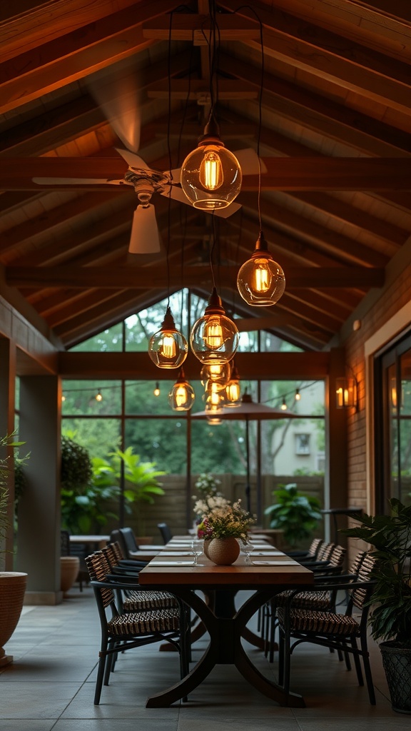 A covered patio featuring hanging pendant lights above a dining table, with plants and large windows.
