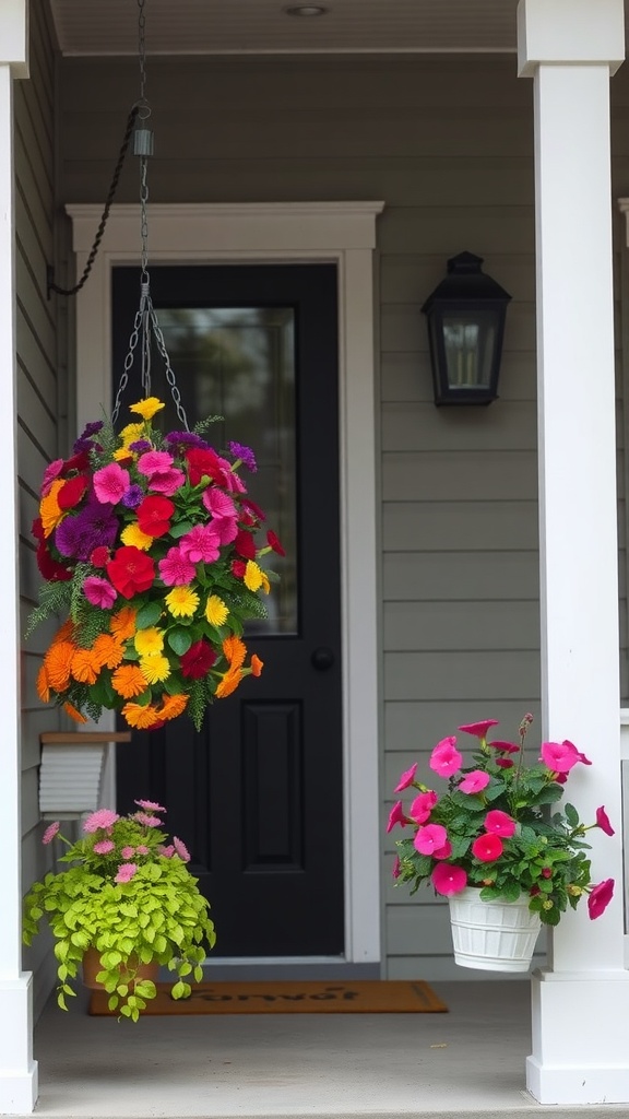 Colorful hanging planters with flowers on a porch