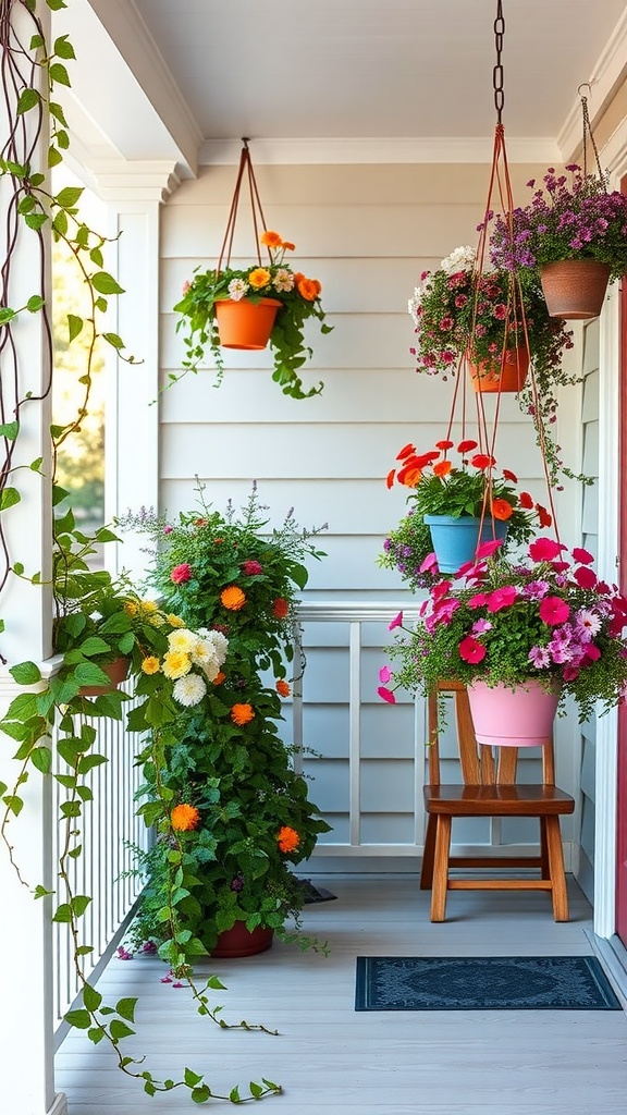 A small porch with colorful hanging planters filled with flowers and a vibrant climbing plant.