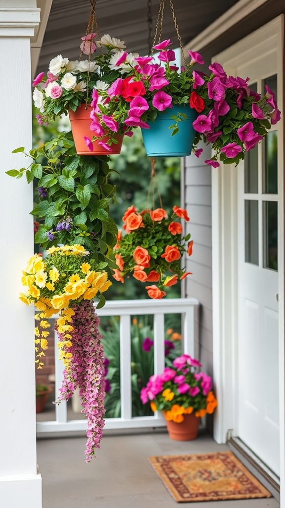 Colorful hanging planters with various flowers on a porch