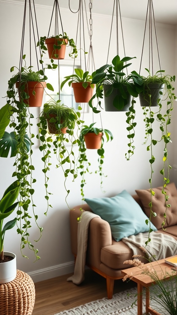 A cozy living room featuring various hanging planters with lush green plants, creating a vibrant and inviting atmosphere.