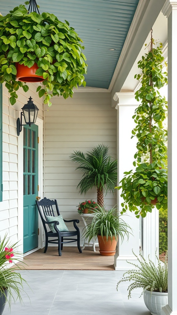 A stylish front porch with hanging plants and potted greenery, featuring a rocking chair and a blue ceiling.