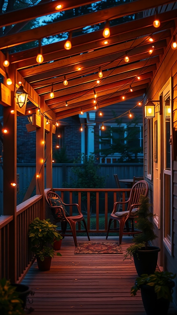 A cozy back porch with hanging string lights illuminating the space.