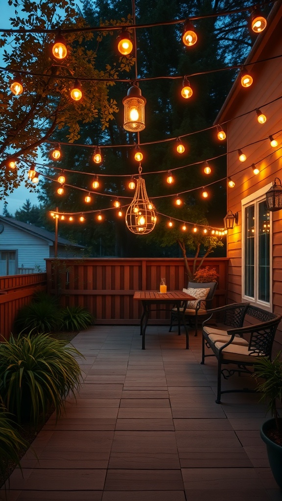 A cozy back patio with hanging string lights creating a warm atmosphere