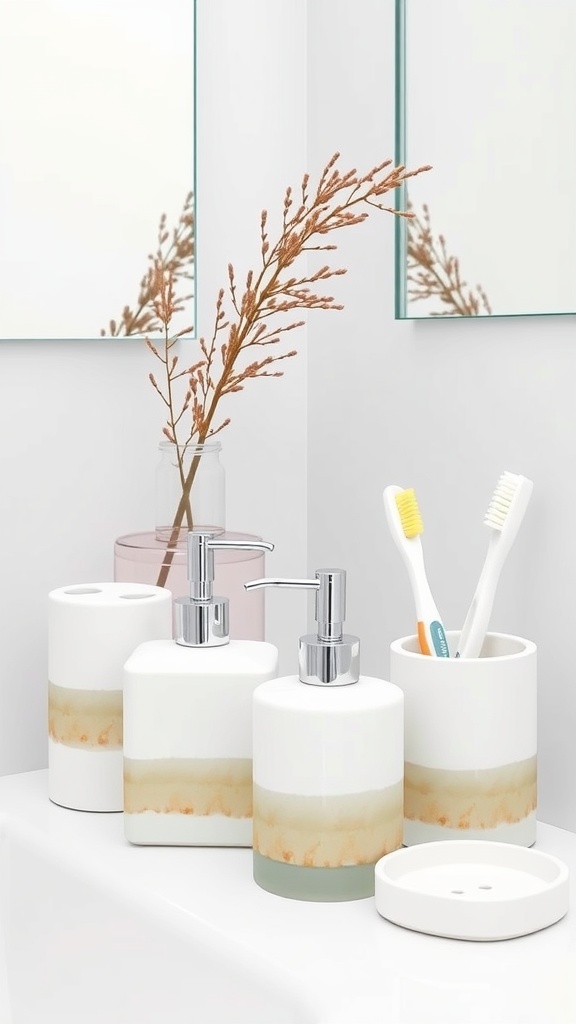 A clean and minimalistic bathroom setup with harmonious accessories including soap dispensers, a toothbrush holder, and a decorative branch.
