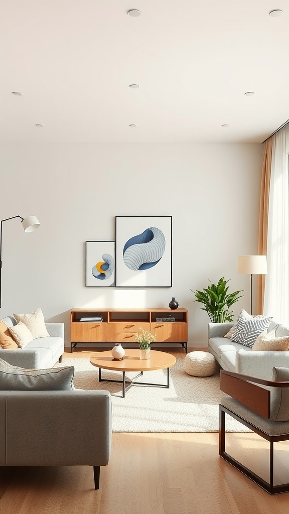 Minimalist living room featuring gray furniture, wooden flooring, and abstract art.