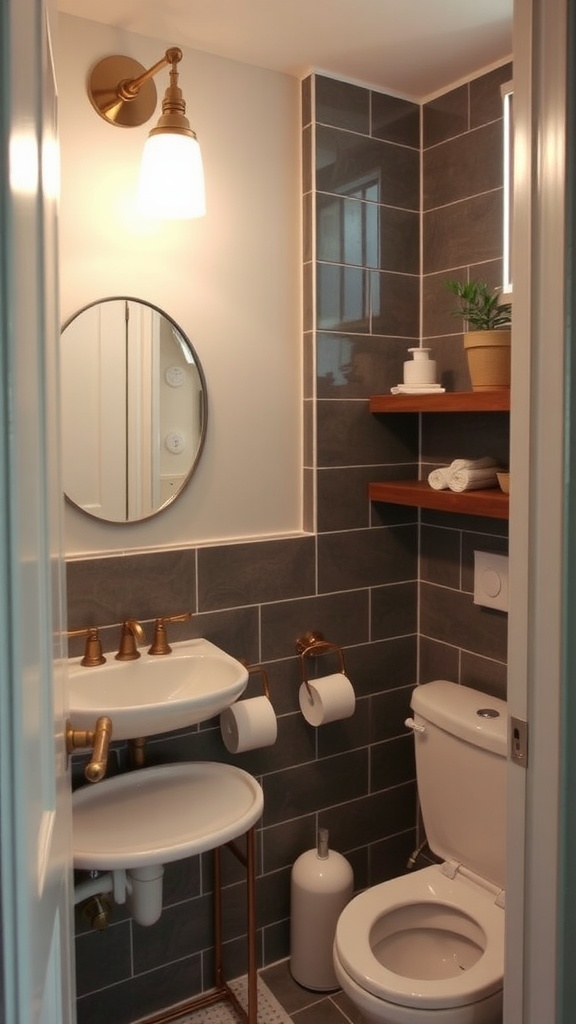 Compact modern bathroom with gray tiles, gold fixtures, and wooden shelving.