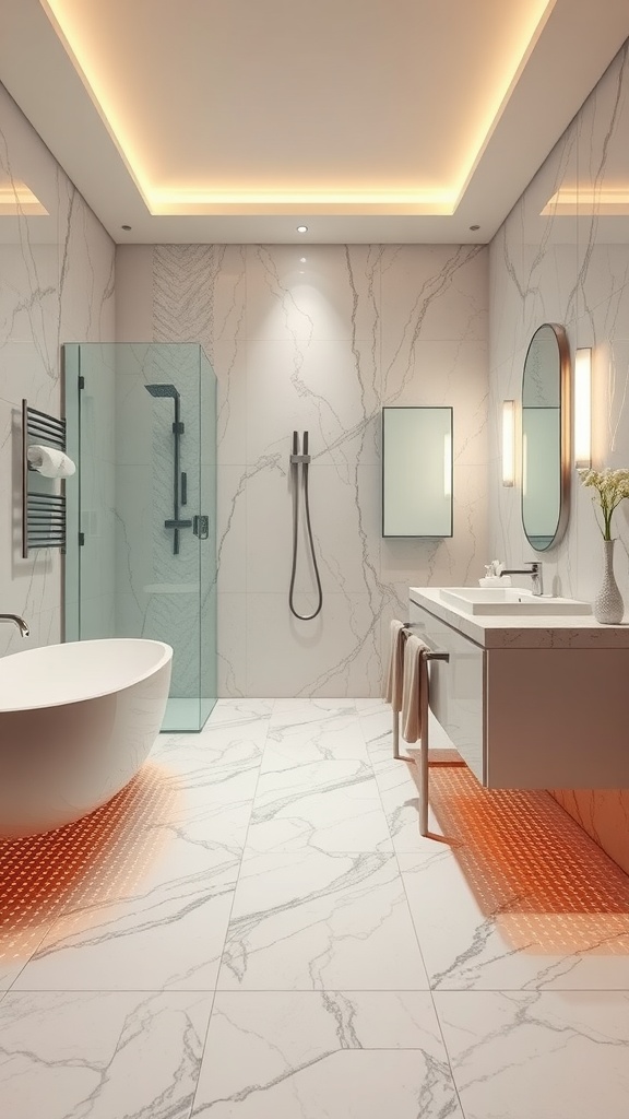 A modern bathroom featuring heated flooring, sleek marble tiles, and a luxurious design.