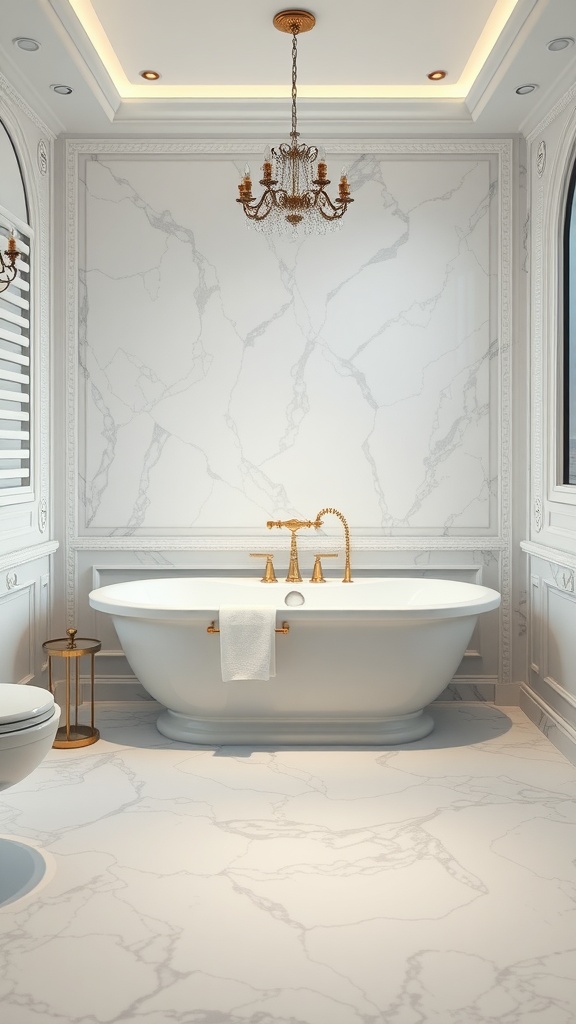 Elegant bathroom with heated floors, marble surfaces, and a chandelier.