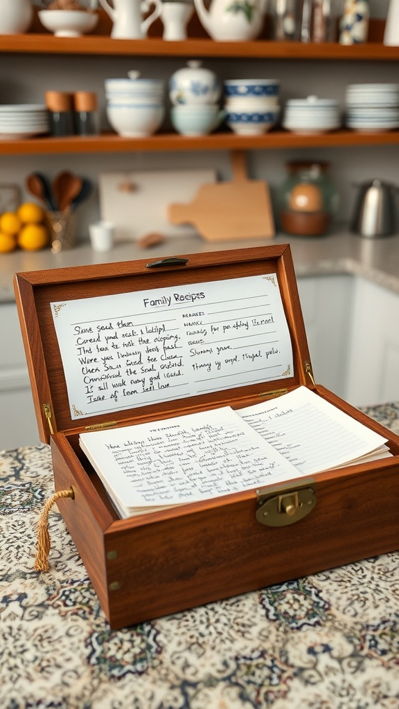 A wooden recipe box filled with handwritten family recipes, sitting on a patterned tablecloth with a cozy kitchen background.