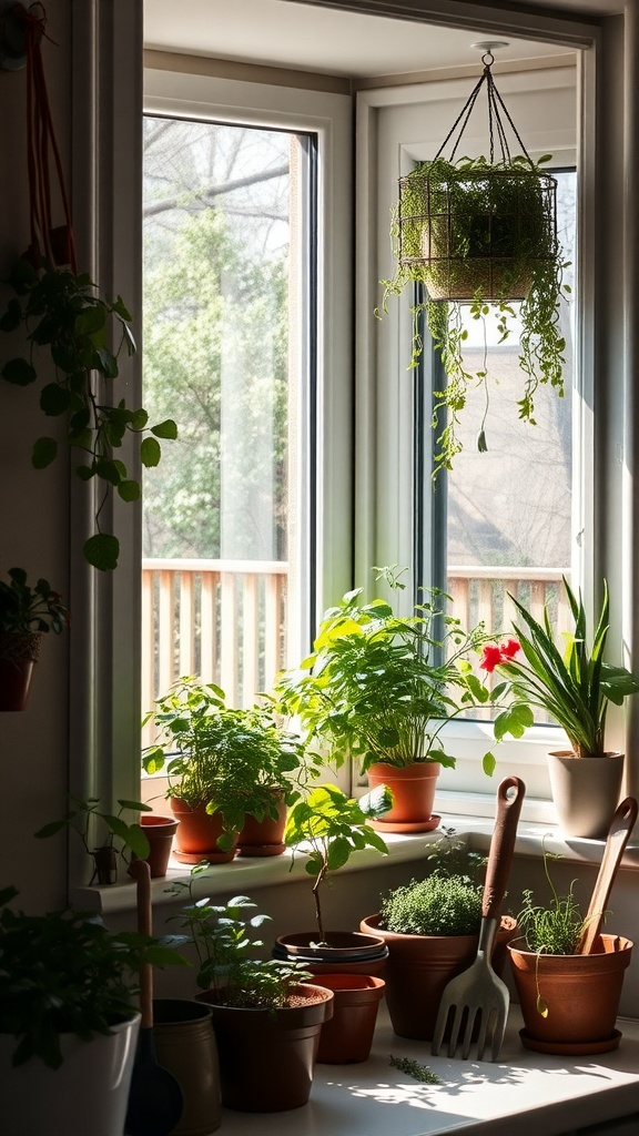 A bright farmhouse kitchen window with various potted herbs and a hanging plant, showing a lively herb garden