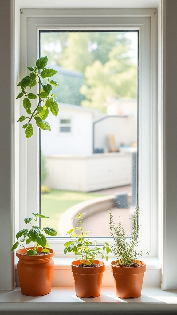 A sunny window with potted herbs including basil, mint, and rosemary.