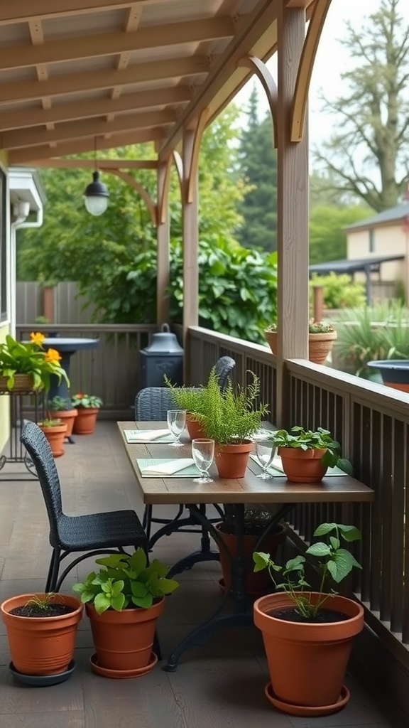 A covered patio with potted herbs and a table set for dining.