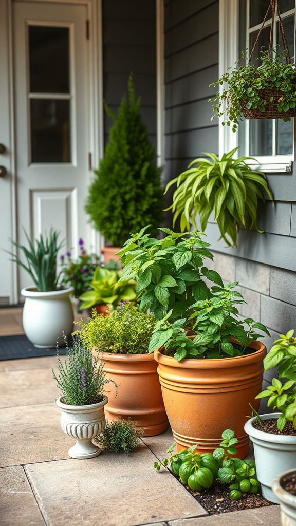 A charming front patio with a variety of herb containers including terracotta and white pots, featuring lush greenery.