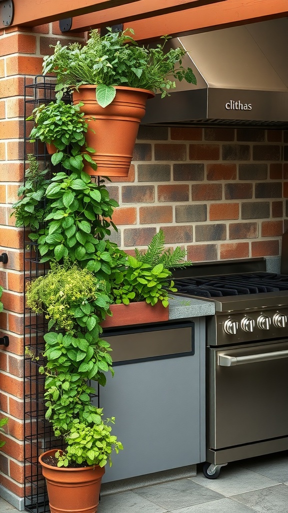 Outdoor kitchen with a vertical herb garden featuring various pots of herbs.