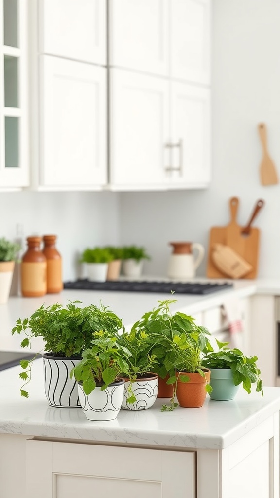 A cozy white kitchen with a vibrant herb garden on the counter, featuring various pots of herbs like basil and mint.