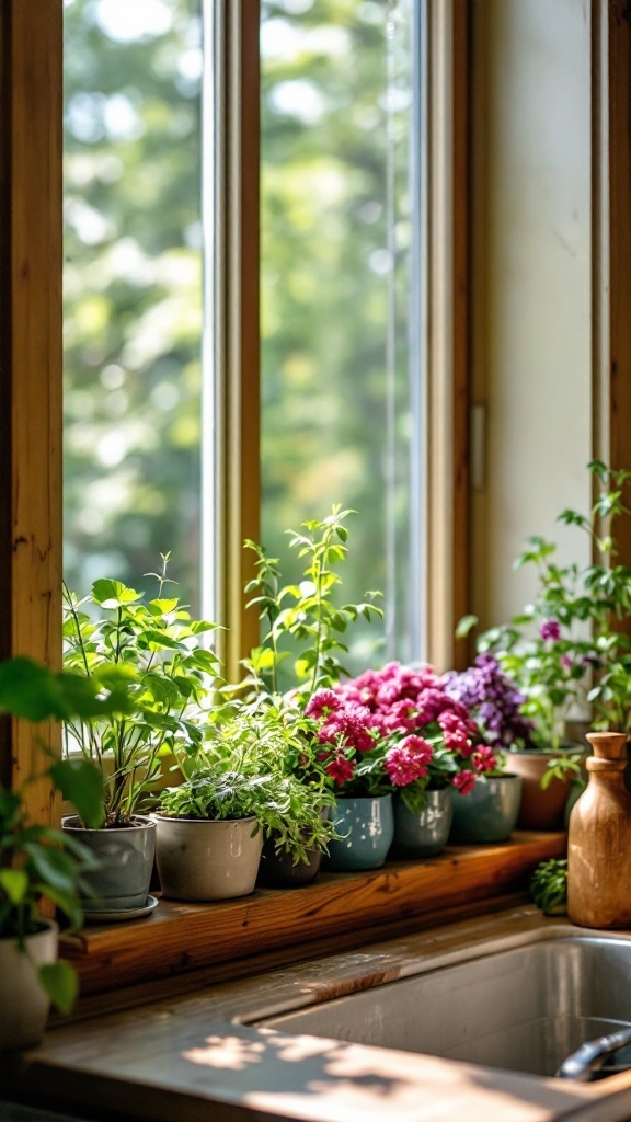 A cozy kitchen windowsill with various herb plants and colorful flowers in pots, beside a sink.