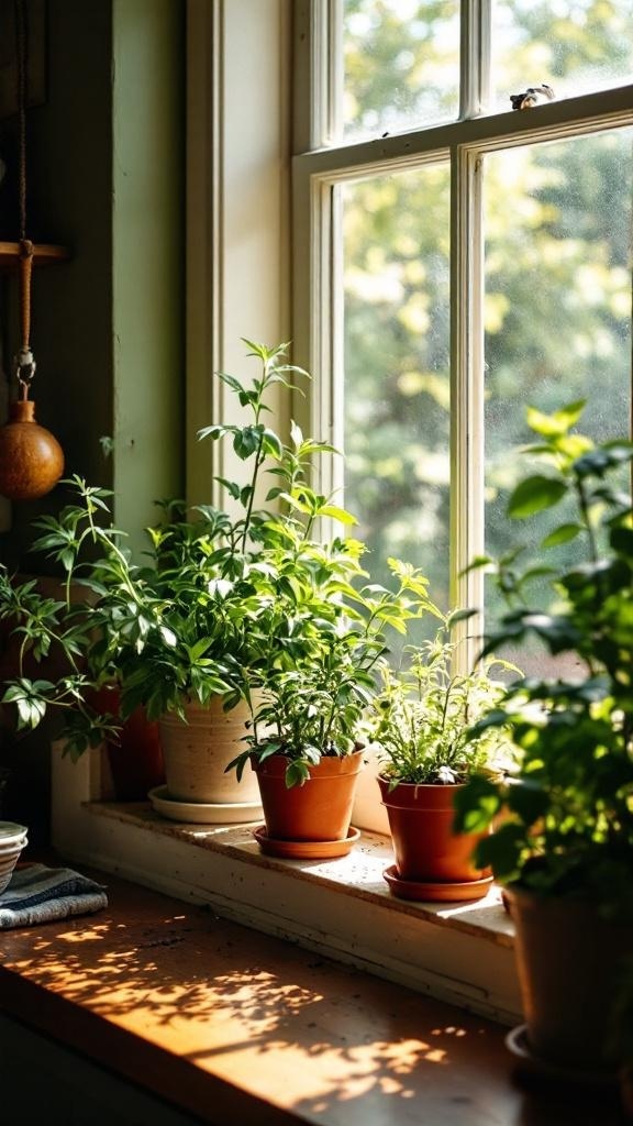 A sunny window sill filled with various potted herbs in a farmhouse kitchen.