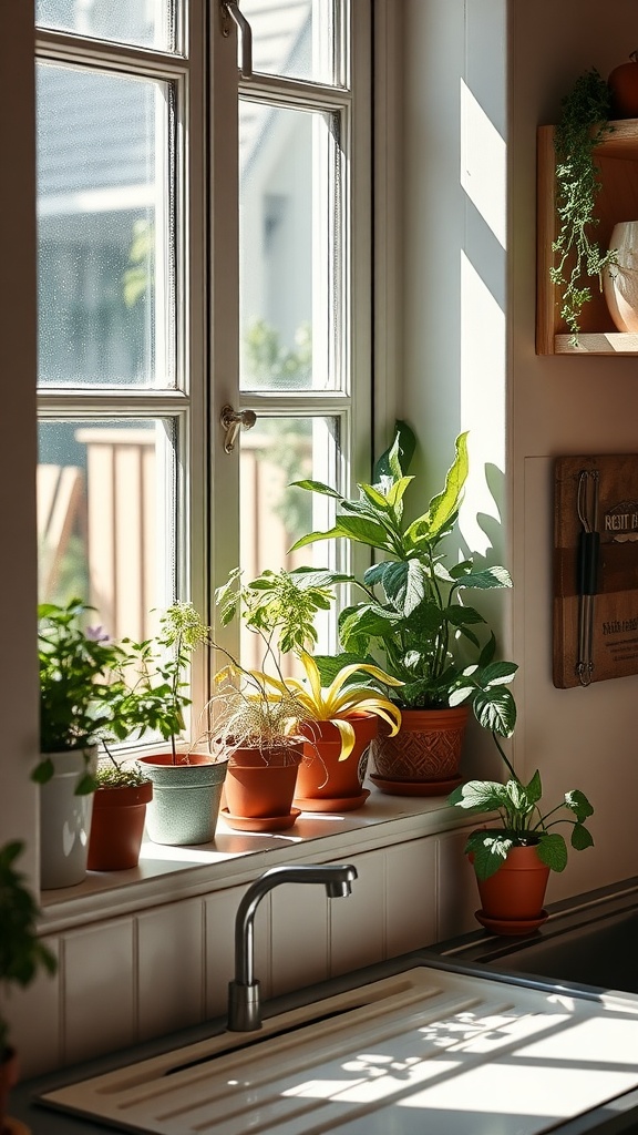 A sunny kitchen windowsill with various potted herbs like basil and mint, next to a sleek kitchen sink.