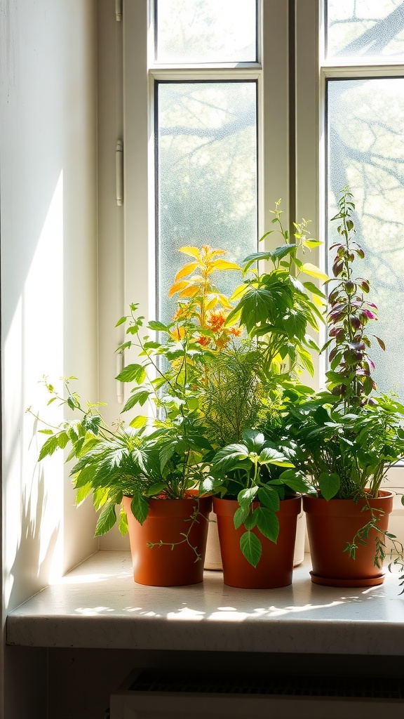 A sunny windowsill with various herbs in terracotta pots, showcasing vibrant green leaves.