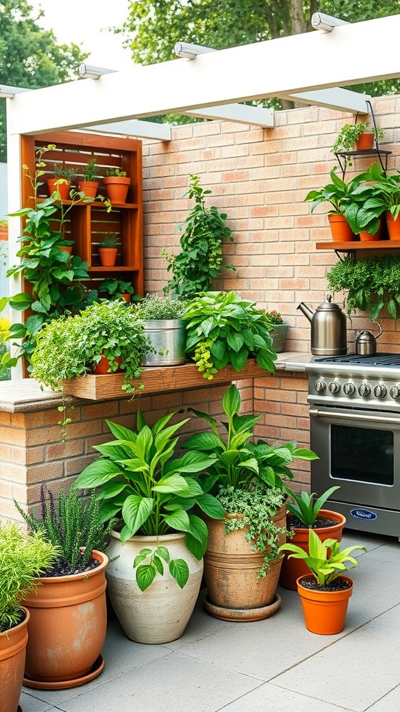 Outdoor kitchen with herb gardens in pots.