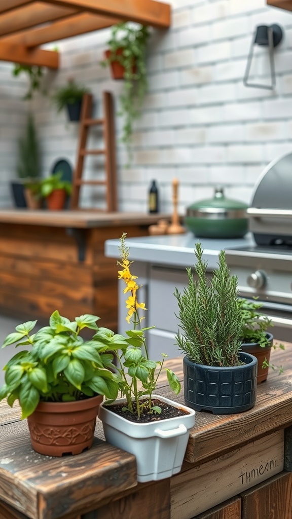 A rustic outdoor kitchen with potted herbs on a wooden counter