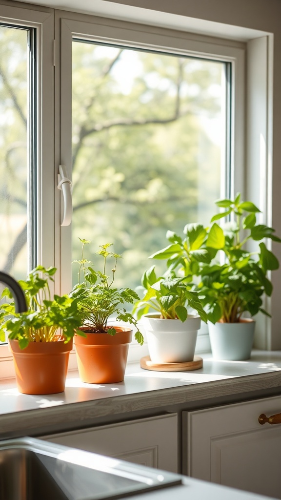 Herb garden on a kitchen windowsill with various potted herbs.