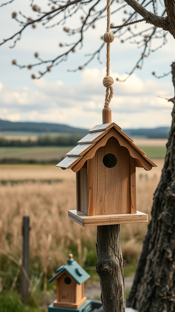 A wooden birdhouse hanging from a tree branch, crafted with care and featuring a sloped roof, alongside another birdhouse in soft blue.