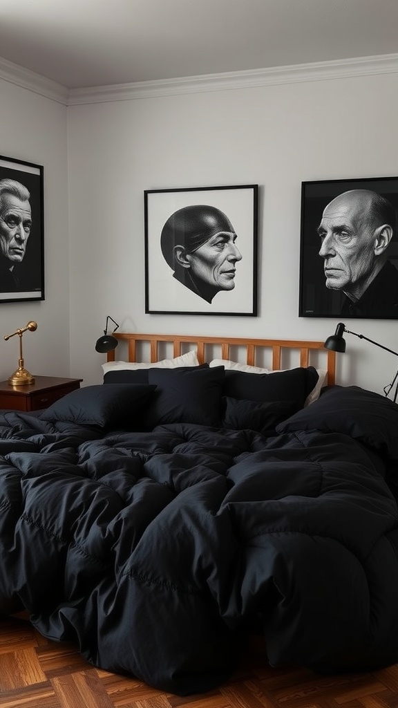 A cozy bedroom featuring a black comforter and high-contrast black-and-white art on the walls.