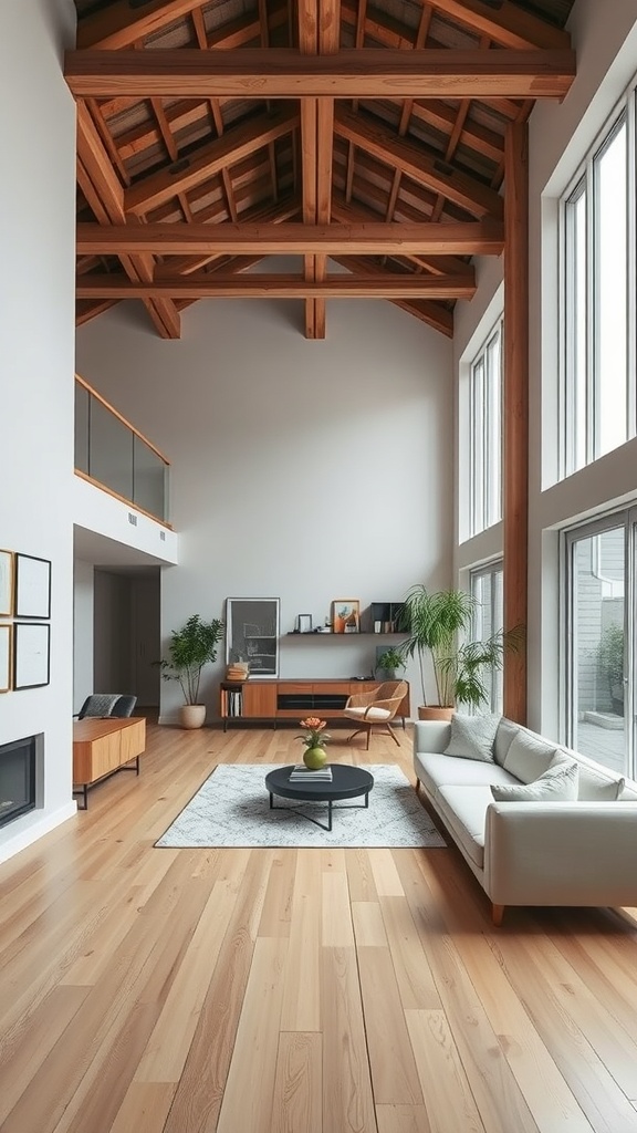 Interior view of a minimalist apartment featuring high wooden ceilings, large windows, and modern furniture.