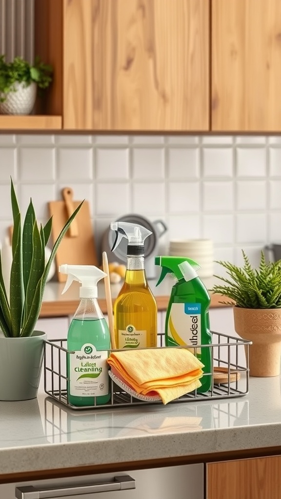 A cleaning kit displayed on a kitchen countertop, with spray bottles and cloths arranged neatly.