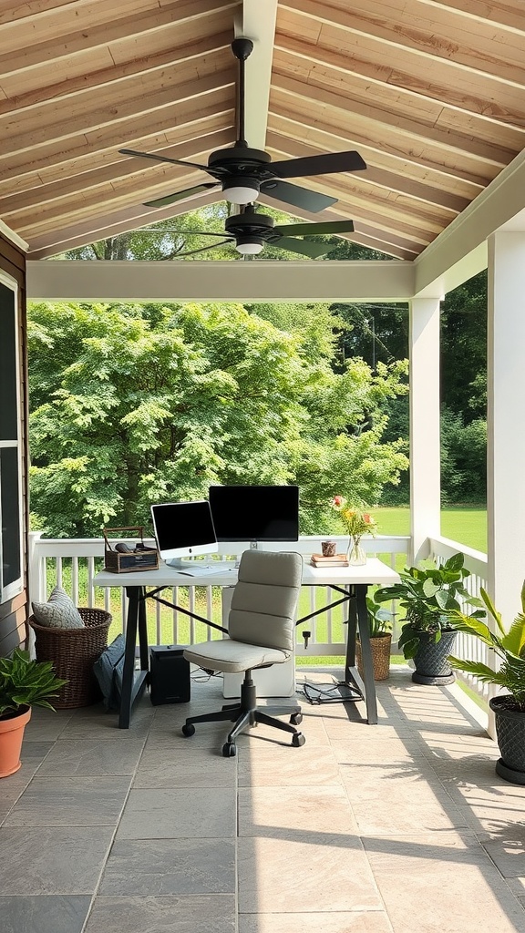 Covered back patio with a home office setup including a desk and computer.