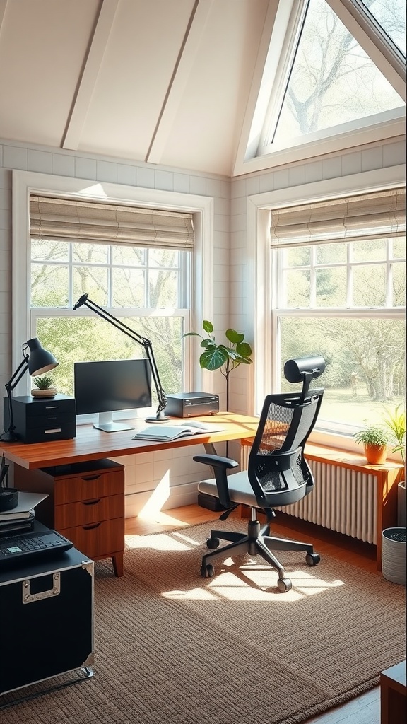 A bright home office with large windows, a wooden desk, a comfortable chair, and potted plants.