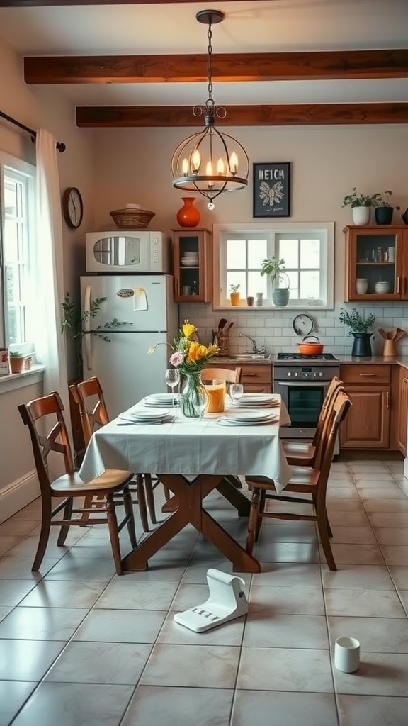 A cozy kitchen cottage with a dining table set for a meal, featuring wooden chairs, a vase of flowers, and natural light coming through the window.