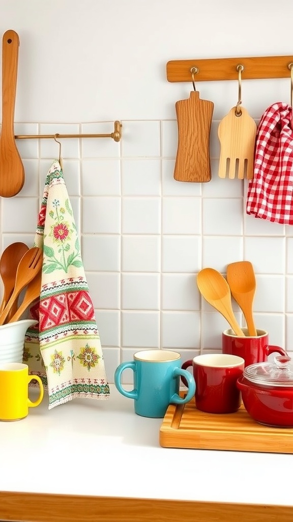 A cozy kitchen scene featuring colorful mugs, wooden utensils, and a patterned dish towel.