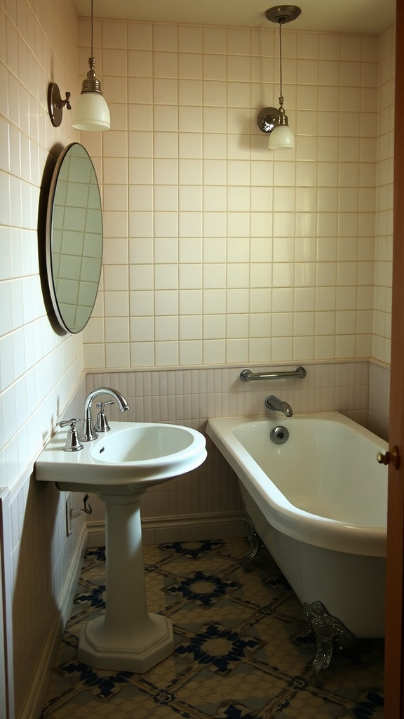 A vintage bathroom featuring a pedestal sink and a clawfoot bathtub.