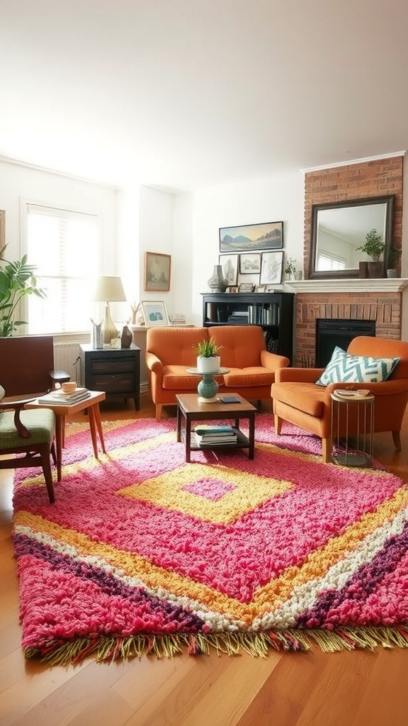 A cozy 70s living room featuring a vibrant red shag rug with intricate patterns, surrounded by retro furniture.
