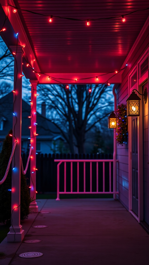 A porch decorated with red and blue string lights, creating a festive atmosphere for the Fourth of July.