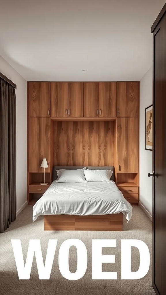 A narrow bedroom featuring a foldable Murphy bed and wooden cabinetry.