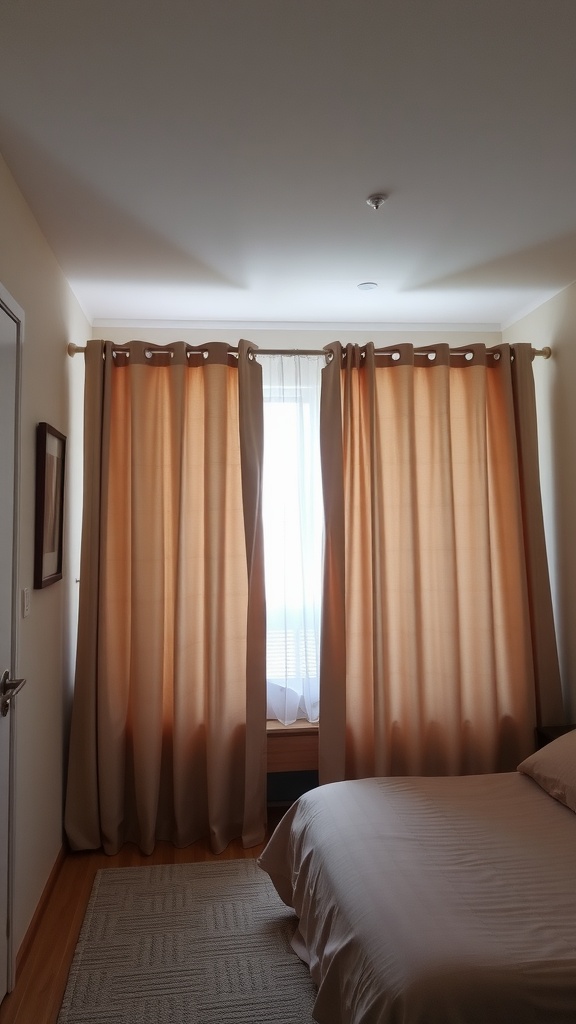 Small bedroom with curtains framing a window, enhancing the space.