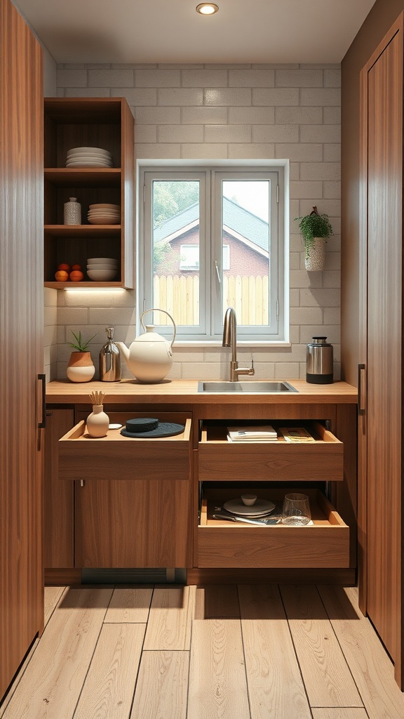 Cozy small kitchen featuring smart storage solutions with wooden cabinets and open shelves.
