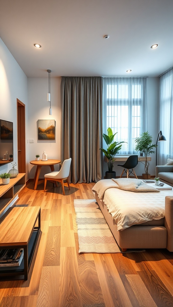 A cozy studio apartment with modern furnishings, featuring a bed, seating area, and a dining table, illuminated by natural light.