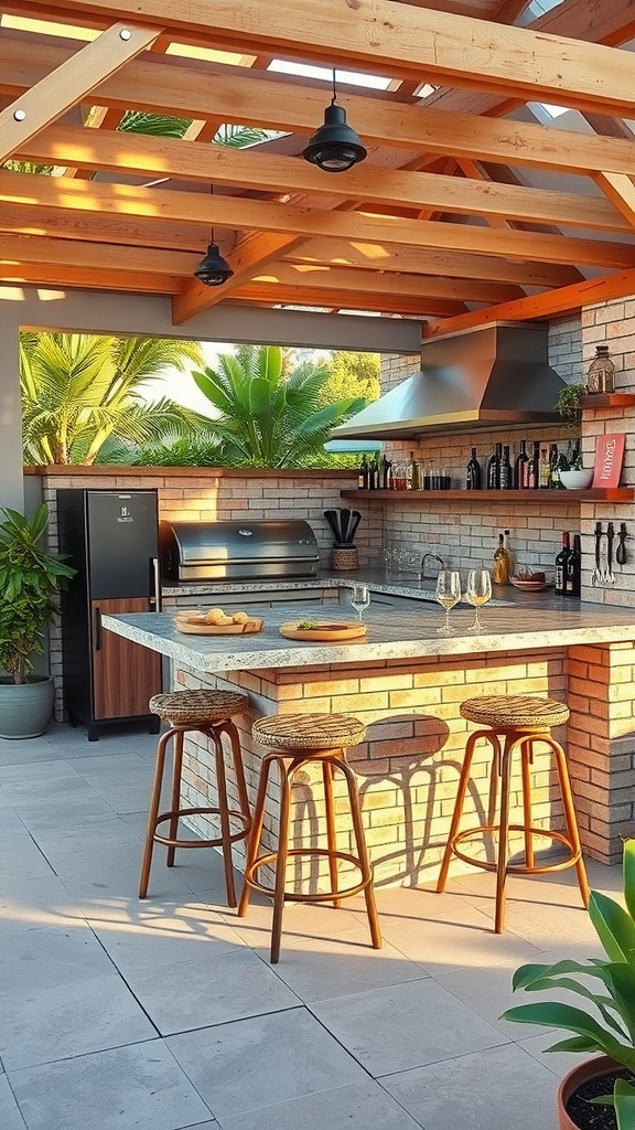 Outdoor kitchen bar area with a granite countertop and wooden stools.