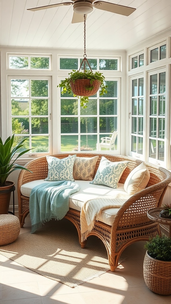 Cozy sunroom with a wicker daybed, soft cushions, and hanging plants