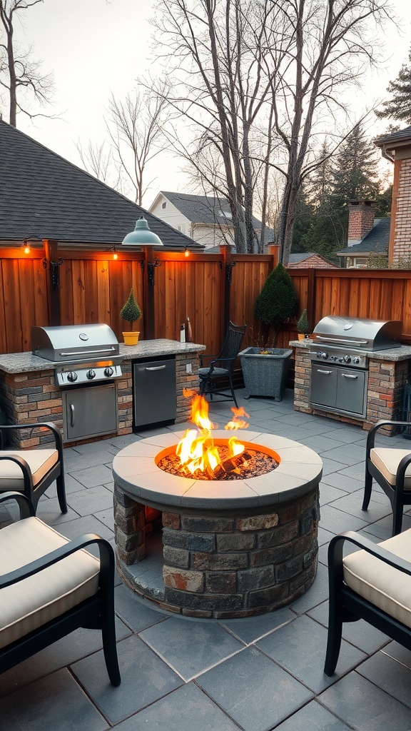 A cozy outdoor kitchen featuring a stone fire pit surrounded by chairs and grilling stations.