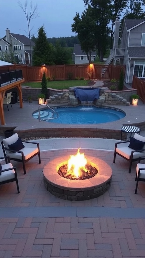 A cozy fire pit surrounded by chairs near an above-ground pool, creating a warm and inviting outdoor space.